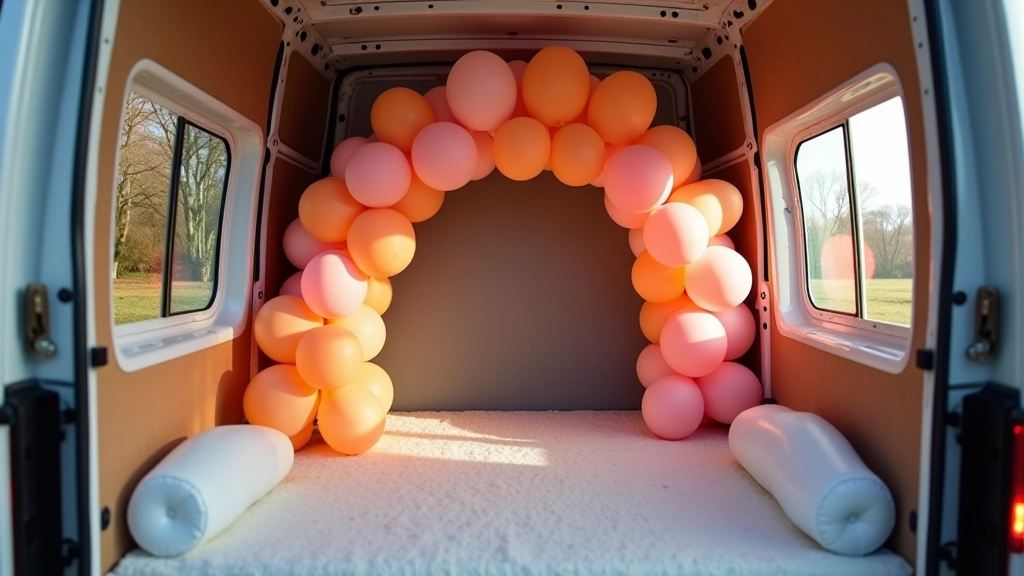 Close-up of helium balloons with professional padding and secure fastening inside delivery van