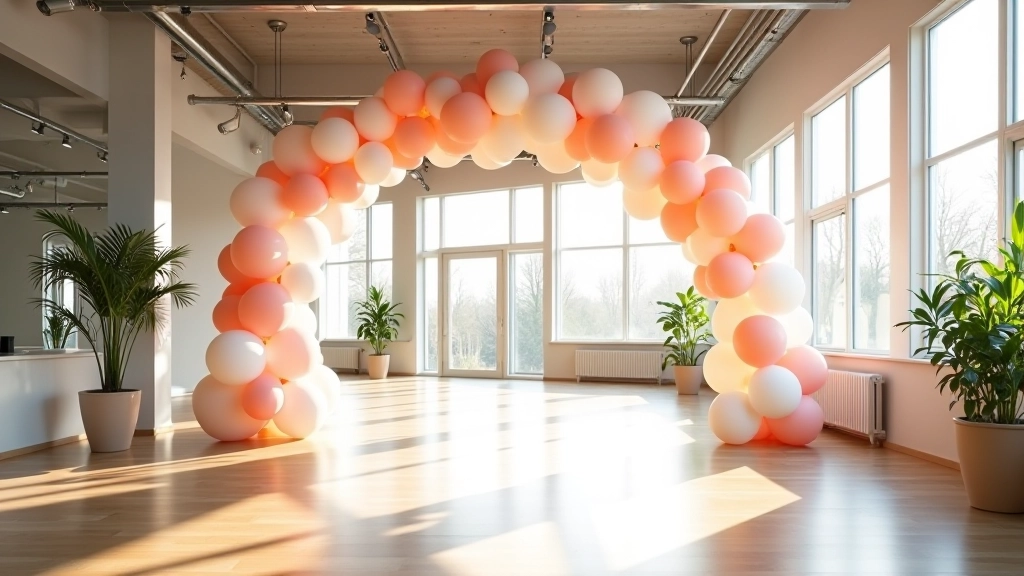 Indoor party venue with balloon arch positioned at entryway with natural light from windows