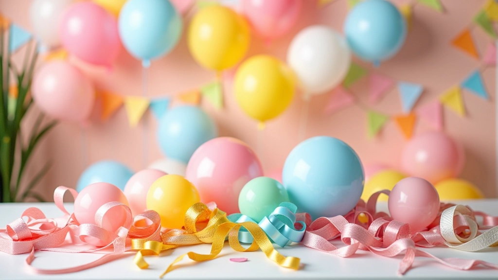 Various decoration bundle packages displayed with balloons, streamers, ribbons, and party supplies organized together