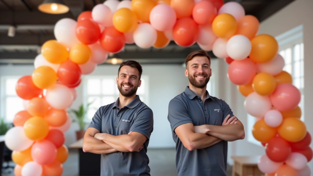 Professional team setting up a balloon arch indoors, securing base to floor with proper technique