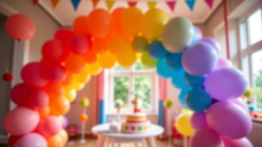 Vibrant rainbow gradient helium balloon arch arranged in color sequence, red through purple, party venue with colorful decorations and natural light