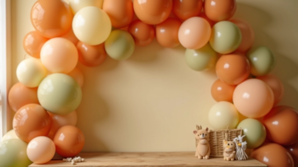 Warm and cozy party setting with earthy balloon colors, terracotta, sage green, warm cream, natural wooden elements, soft ambient lighting